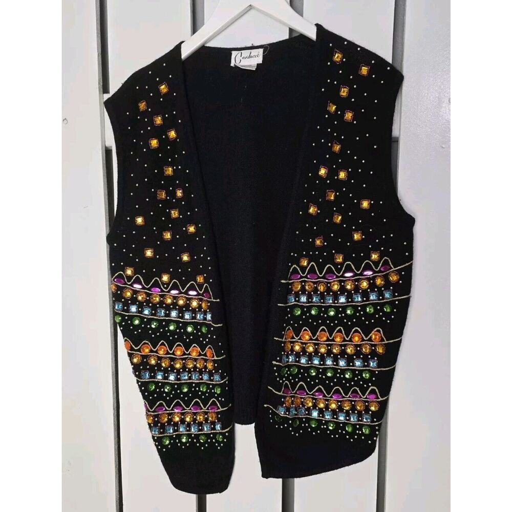Carducci‎ Lambswool Angora Blend Artsy Embellished Sequin Jewele Open Vest Small